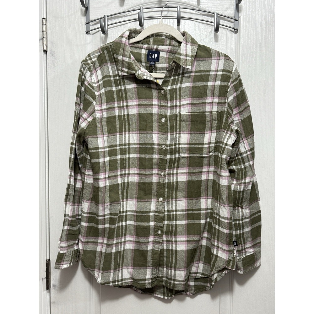 Gap Shirt Womens‎ M Flannel Button Down Long Sleeve Green Pink Plaid Preppy NWT